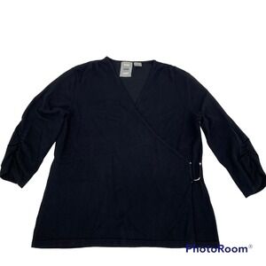 VERVE Black Wrap Style Knit Top Shirt Draped Dolman Sleeve Ring Detail XL Casual